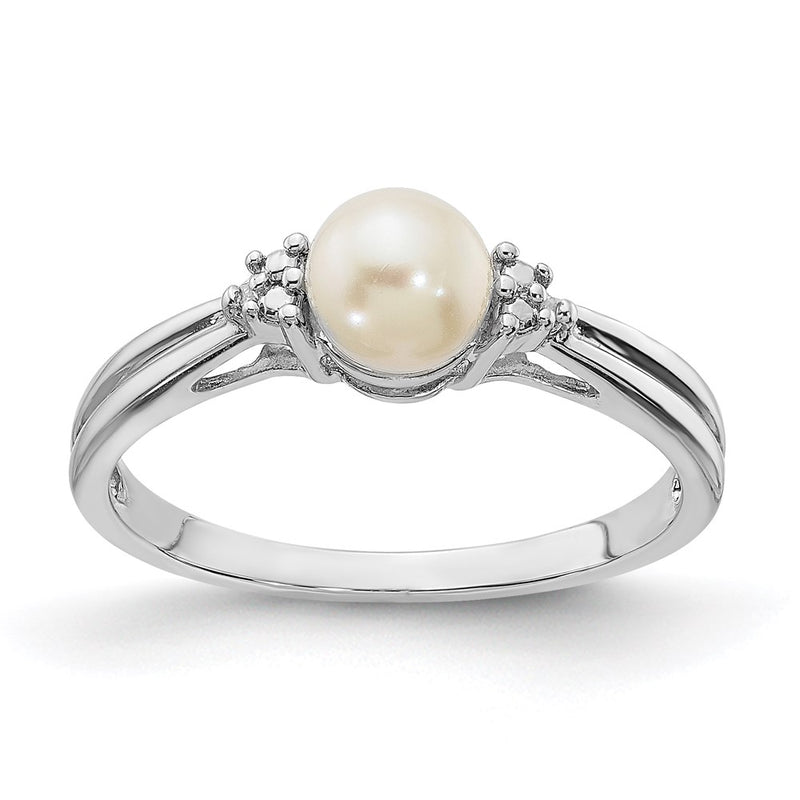 Sterling Silver Rhodium Plated Diamond And Fw Cultured Pearl Ring
