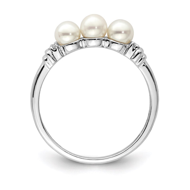 Sterling Silver Rhodium Plated Diamond And Fw Cultured Pearl Ring