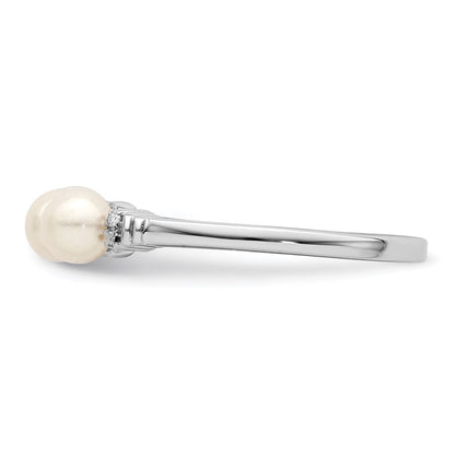 Sterling Silver Rhodium Plated Diamond And Fw Cultured Pearl Ring