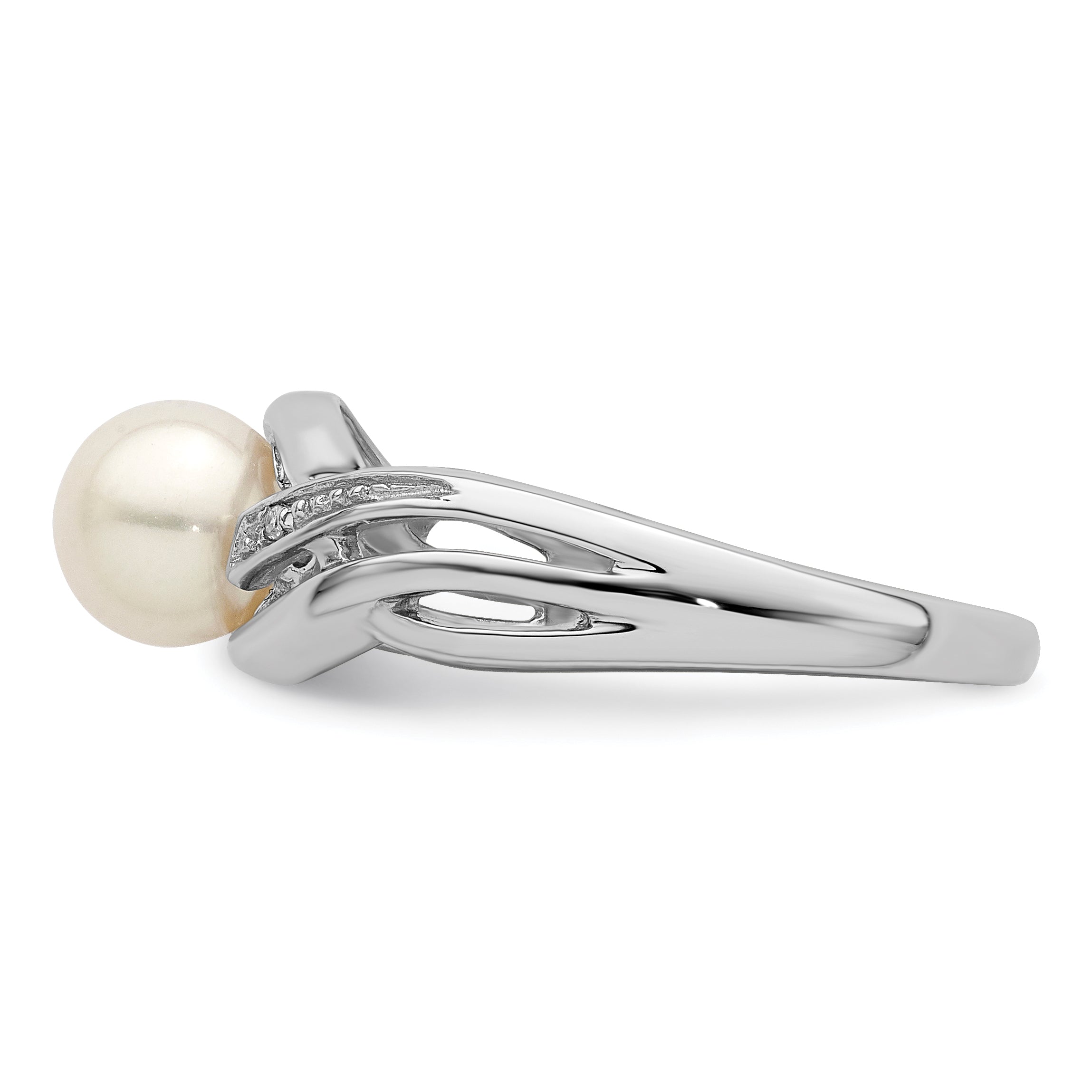 Sterling Silver Rhodium Plated Diamond And Fw Cultured Pearl Ring