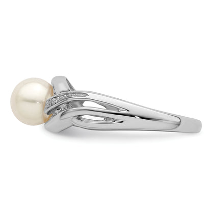 Sterling Silver Rhodium Plated Diamond And Fw Cultured Pearl Ring