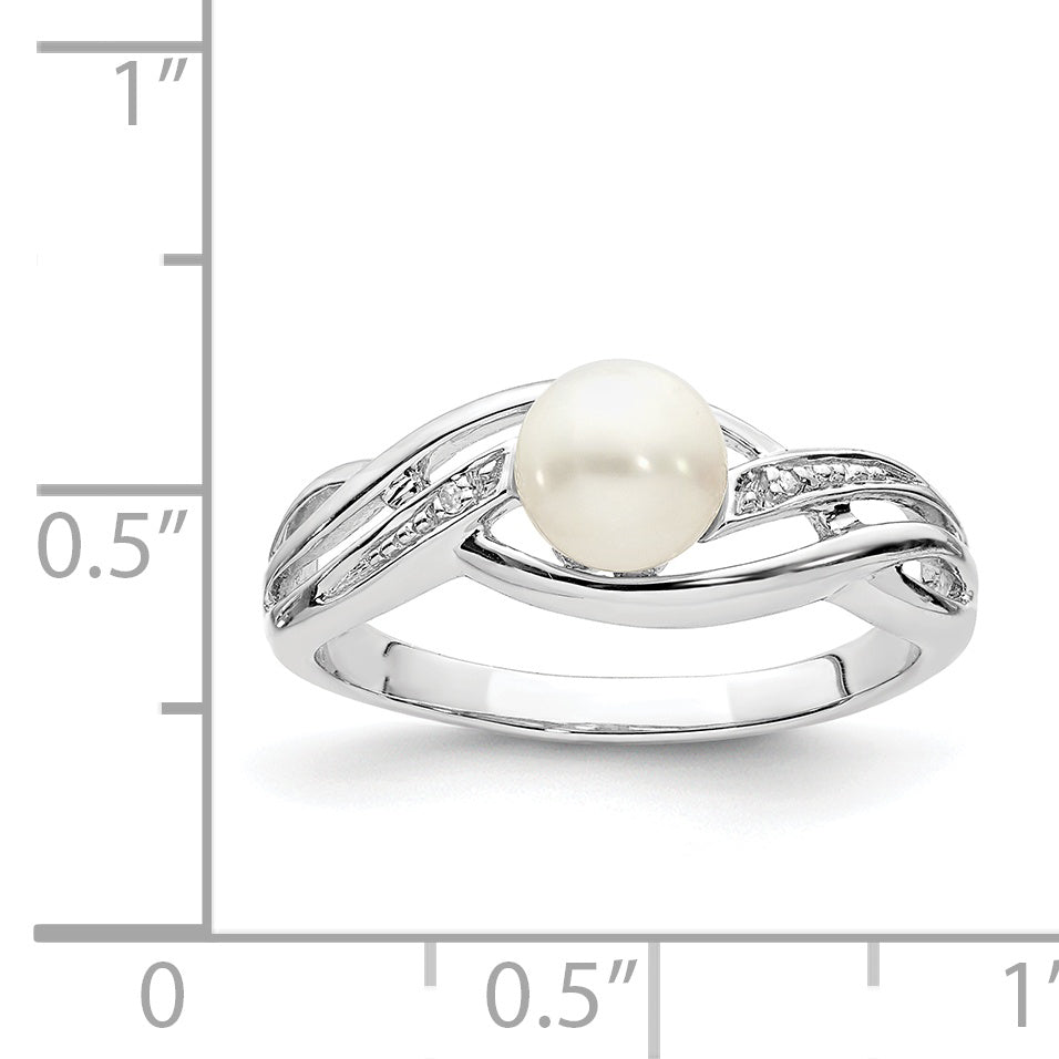Sterling Silver Rhodium Plated Diamond And Fw Cultured Pearl Ring
