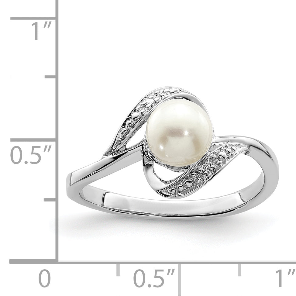 Sterling Silver Rhodium Plated Diamond And Fw Cultured Pearl Ring