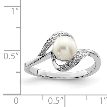 Sterling Silver Rhodium Plated Diamond And Fw Cultured Pearl Ring