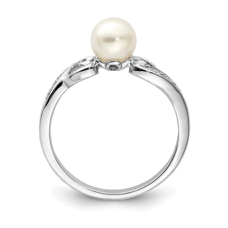 Sterling Silver Rhodium Plated Diamond And Fw Cultured Pearl Ring