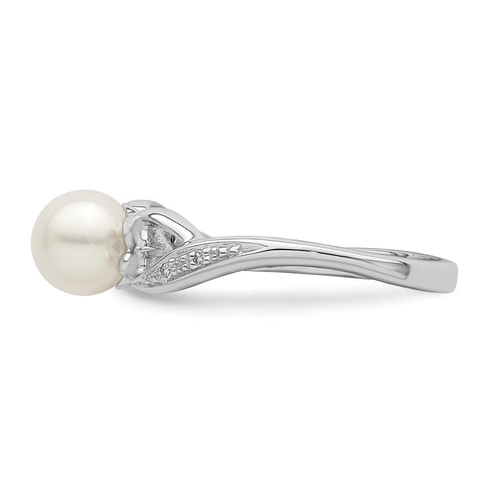 Sterling Silver Rhodium Plated Diamond And Fw Cultured Pearl Ring