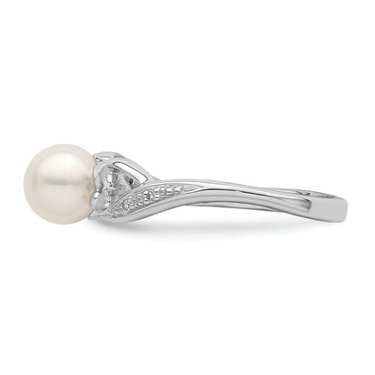 Sterling Silver Rhodium Plated Diamond And Fw Cultured Pearl Ring