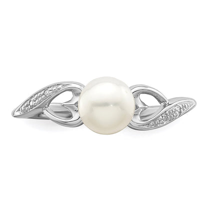 Sterling Silver Rhodium Plated Diamond And Fw Cultured Pearl Ring
