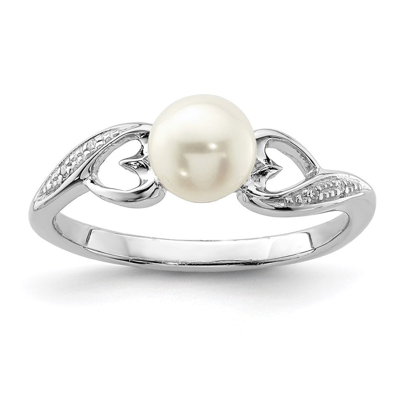 Sterling Silver Rhodium Plated Diamond And Fw Cultured Pearl Ring