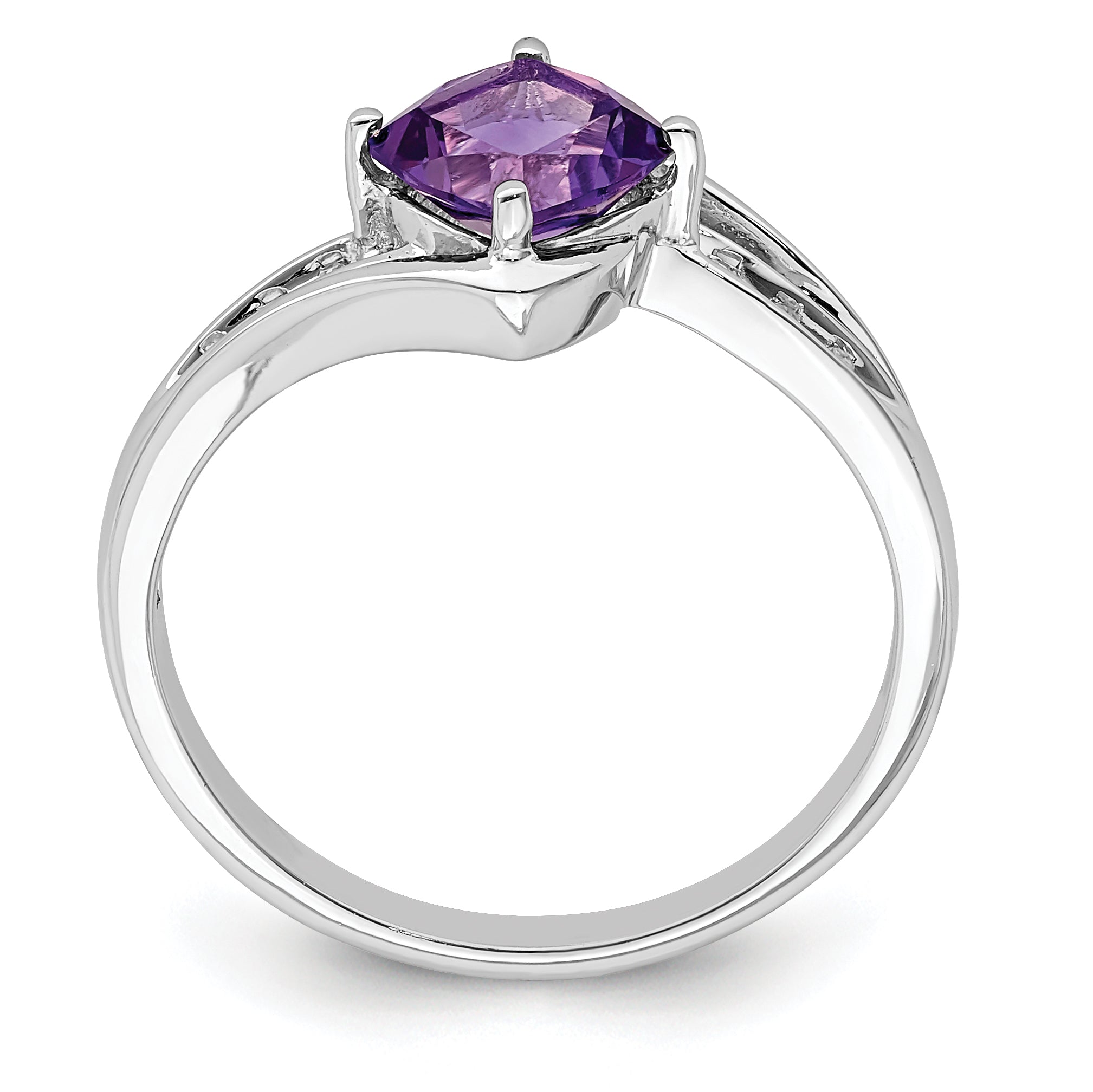 Sterling Silver Rhodium Plated Diamond And Amethyst Square Ring