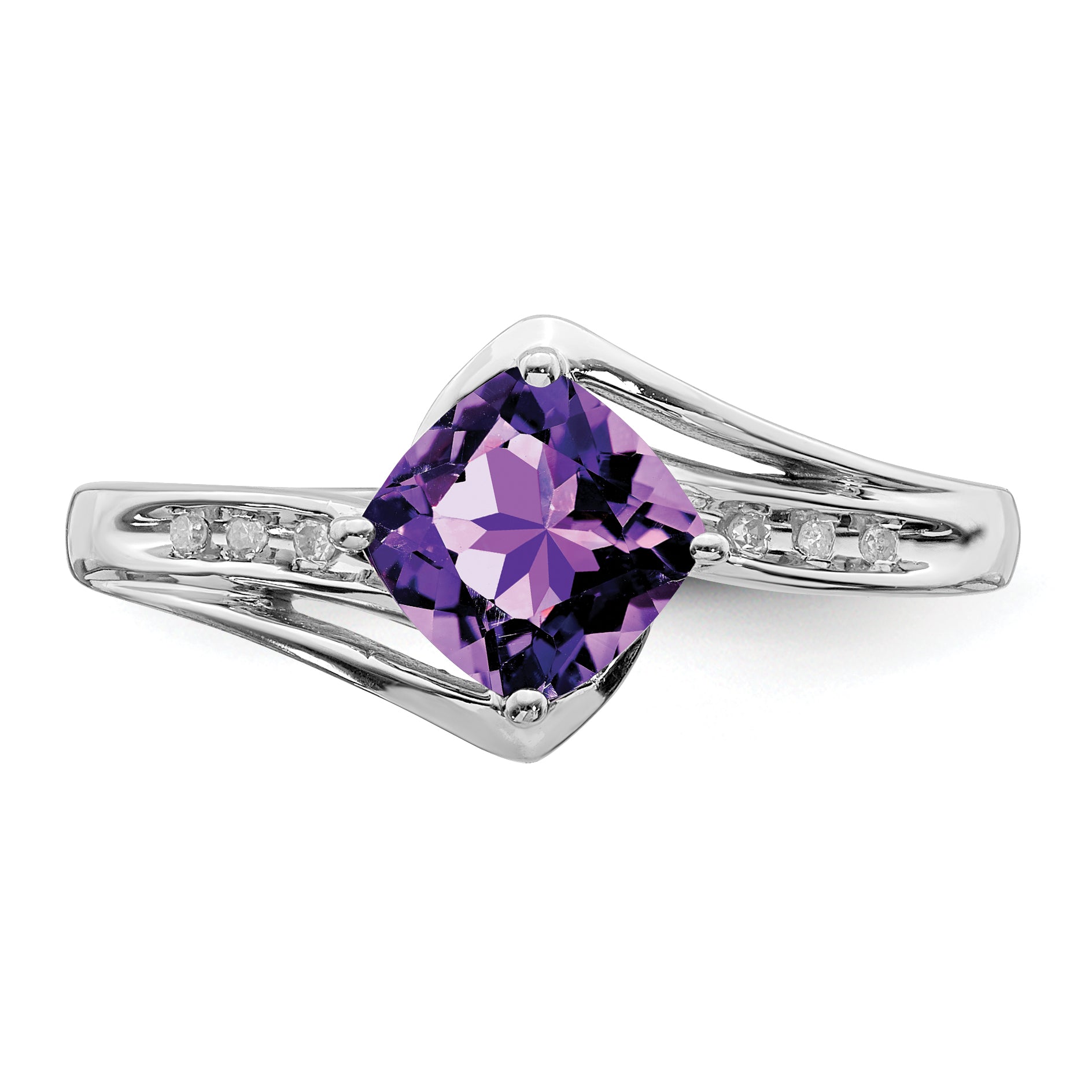 Sterling Silver Rhodium Plated Diamond And Amethyst Square Ring