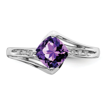 Sterling Silver Rhodium Plated Diamond And Amethyst Square Ring