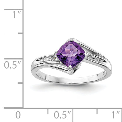 Sterling Silver Rhodium Plated Diamond And Amethyst Square Ring