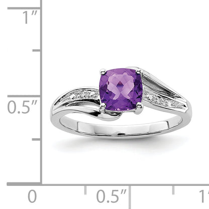 Sterling Silver Rhodium Plated Diamond And Amethyst Square Ring