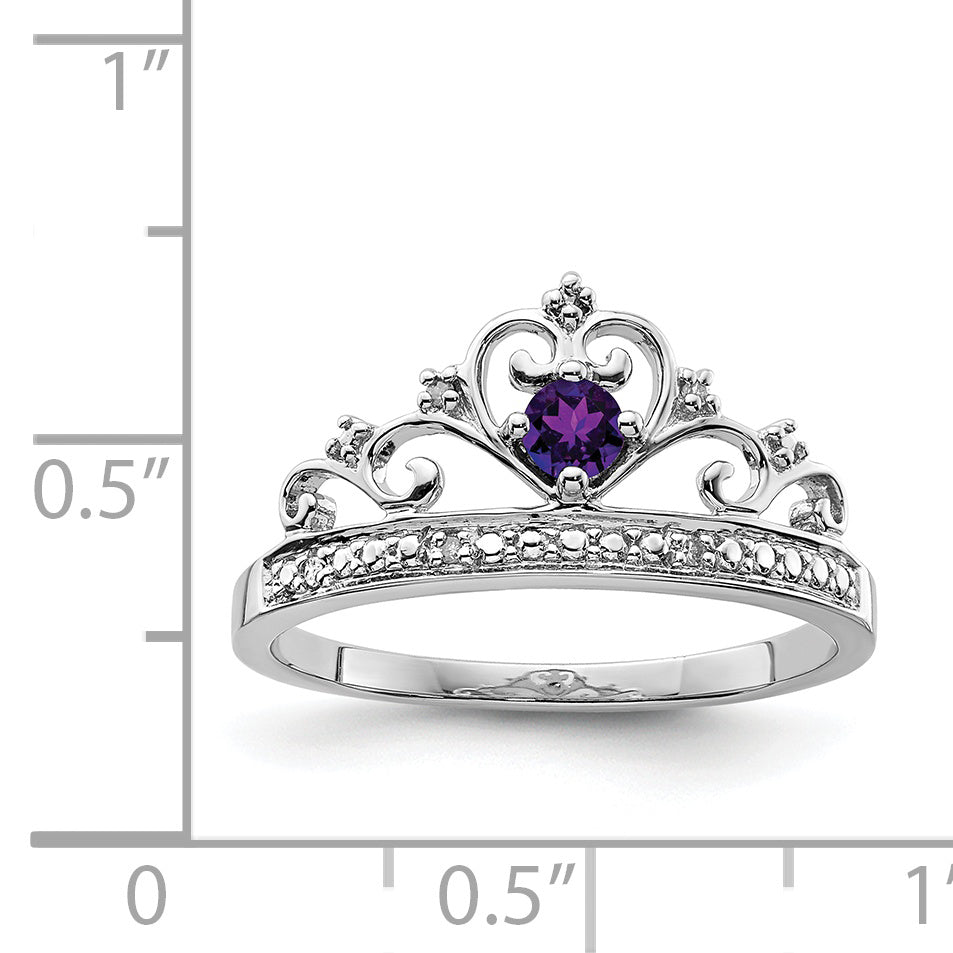 Sterling Silver Rhodium Plated Diamond And Amethyst Ring