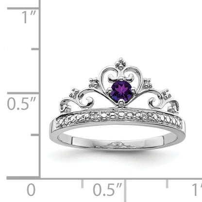 Sterling Silver Rhodium Plated Diamond And Amethyst Ring
