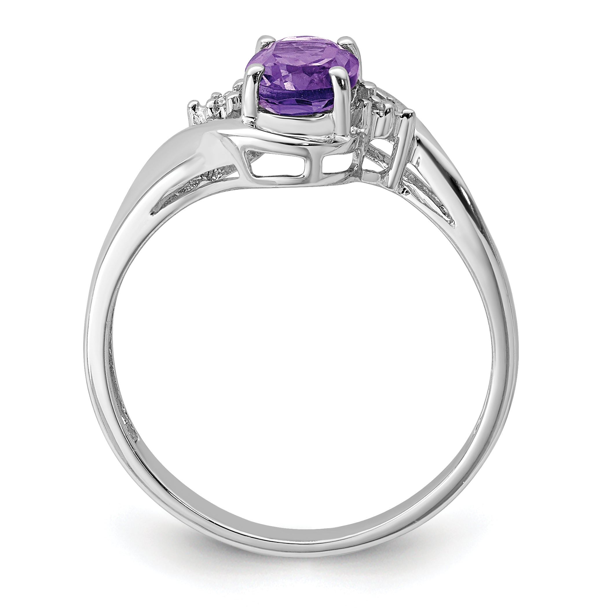 Sterling Silver Rhodium Plated Diamond And Amethyst Oval Ring