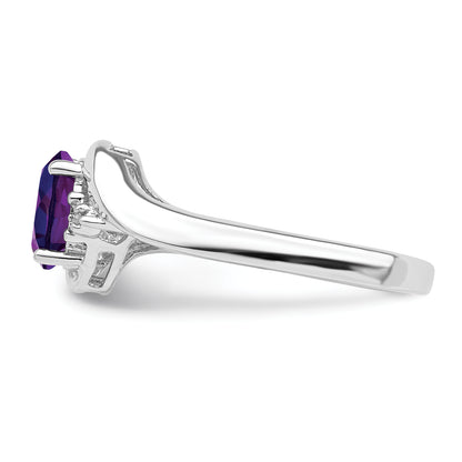 Sterling Silver Rhodium Plated Diamond And Amethyst Oval Ring