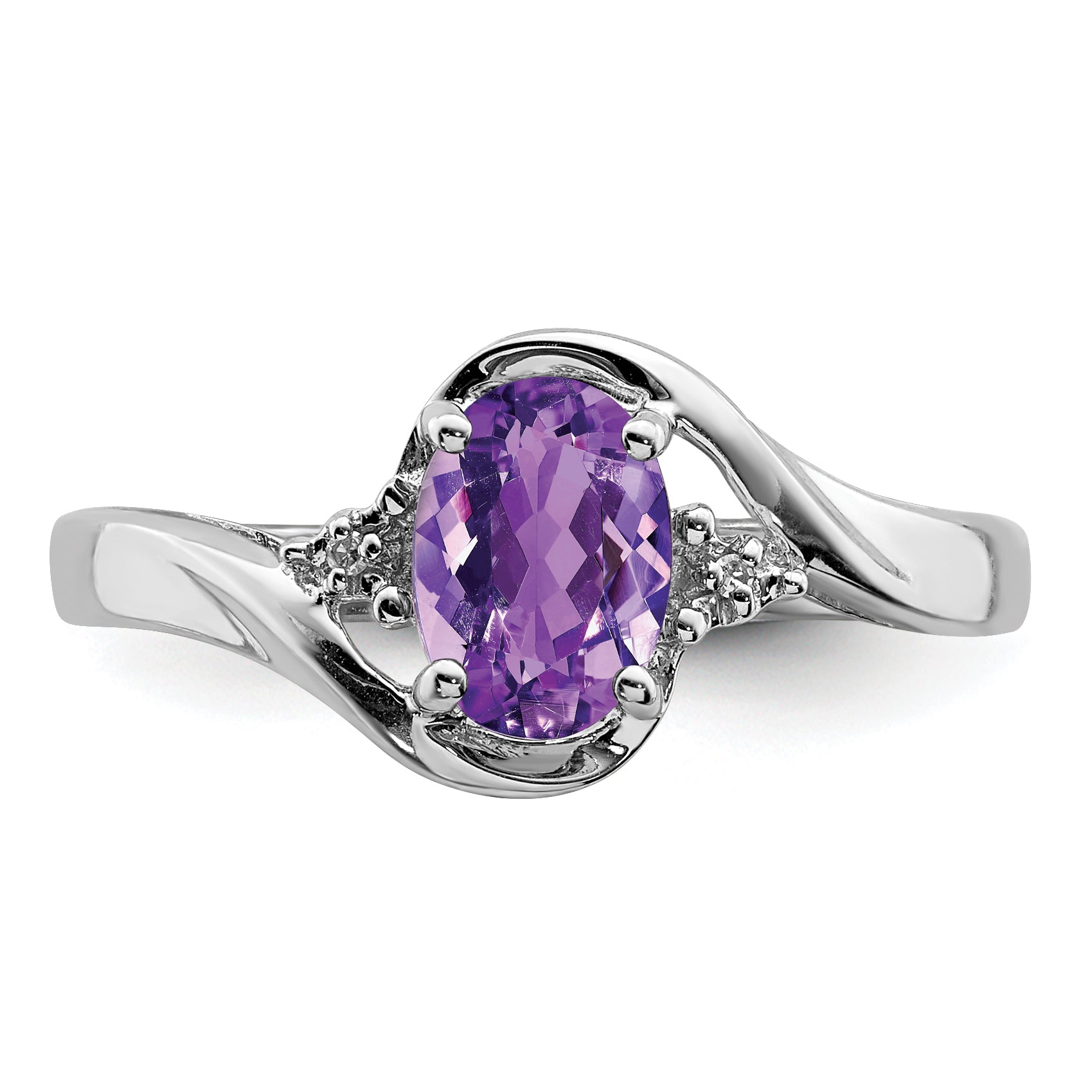 Sterling Silver Rhodium Plated Diamond And Amethyst Oval Ring