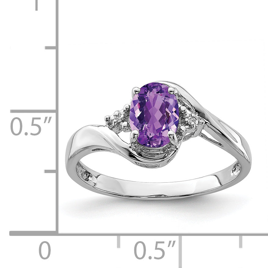 Sterling Silver Rhodium Plated Diamond And Amethyst Oval Ring
