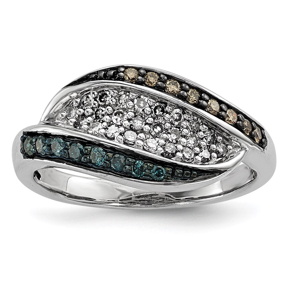 Sterling Silver White, Champagne & Blue Diamond Antiqued Ring (Size 6 Only)