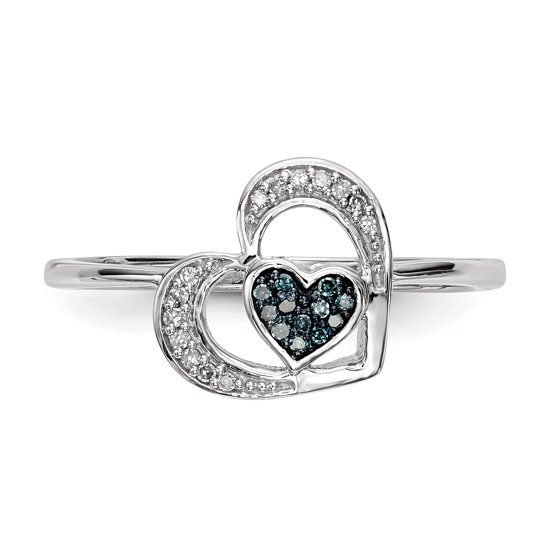 Sterling Silver Blue And White Diamond Heart Ring (Size 7 Only)
