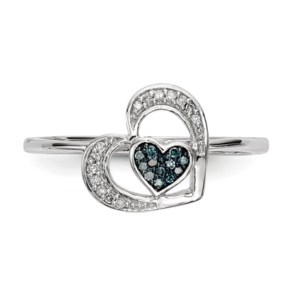 Sterling Silver Blue And White Diamond Heart Ring (Size 7 Only)