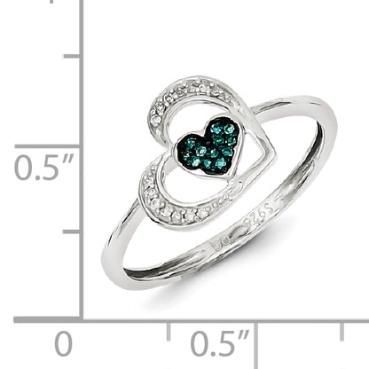 Sterling Silver Blue And White Diamond Heart Ring (Size 7 Only)