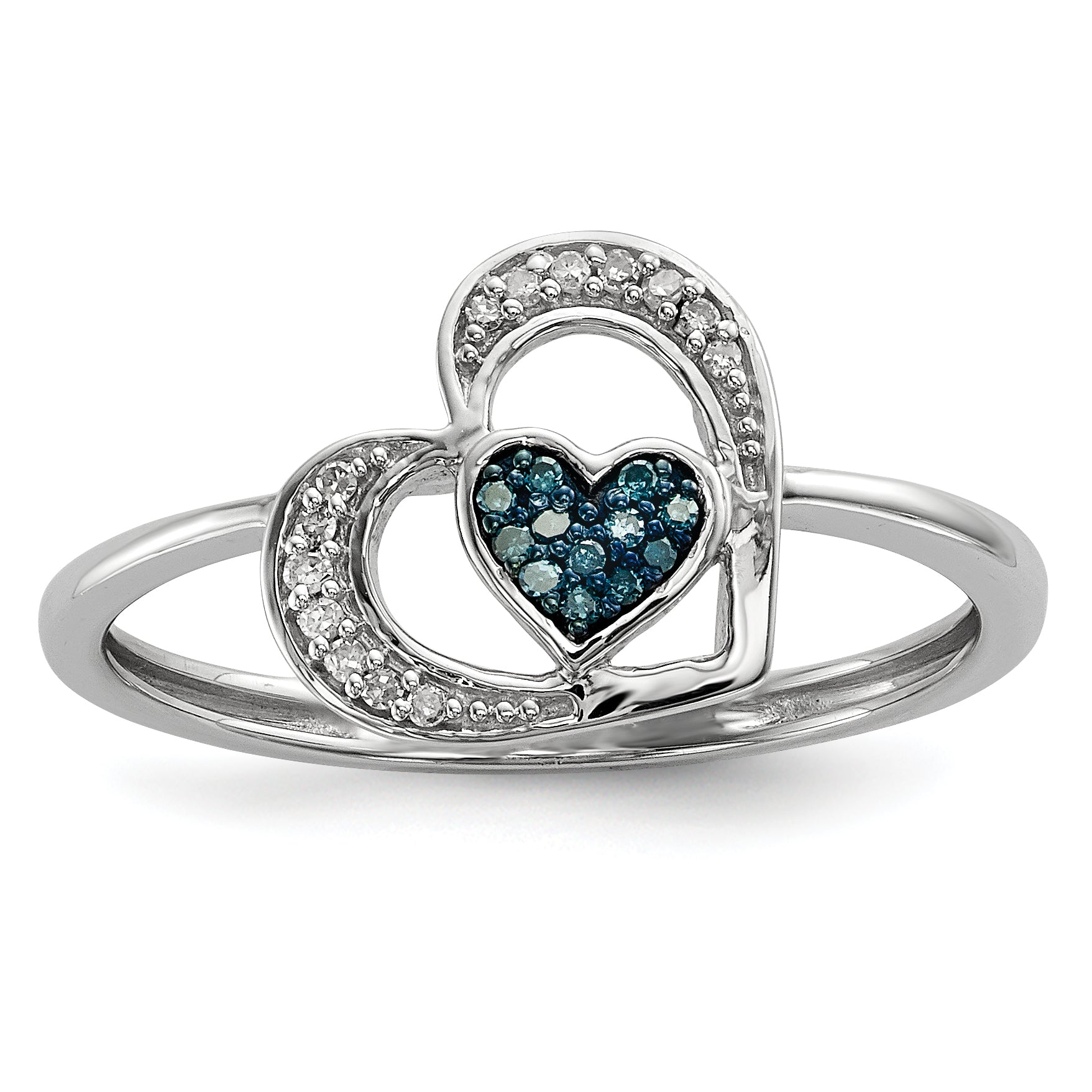 Sterling Silver Blue And White Diamond Heart Ring (Size 7 Only)