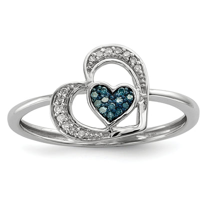 Sterling Silver Blue And White Diamond Heart Ring (Size 7 Only)