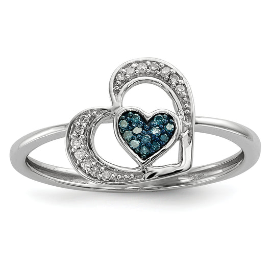 Sterling Silver Blue And White Diamond Heart Ring (Size 7 Only)