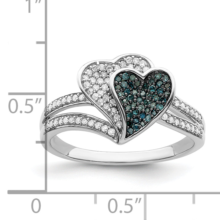 Sterling Silver White Night Rhodium Plated Blue And Diamond Hearts Ring