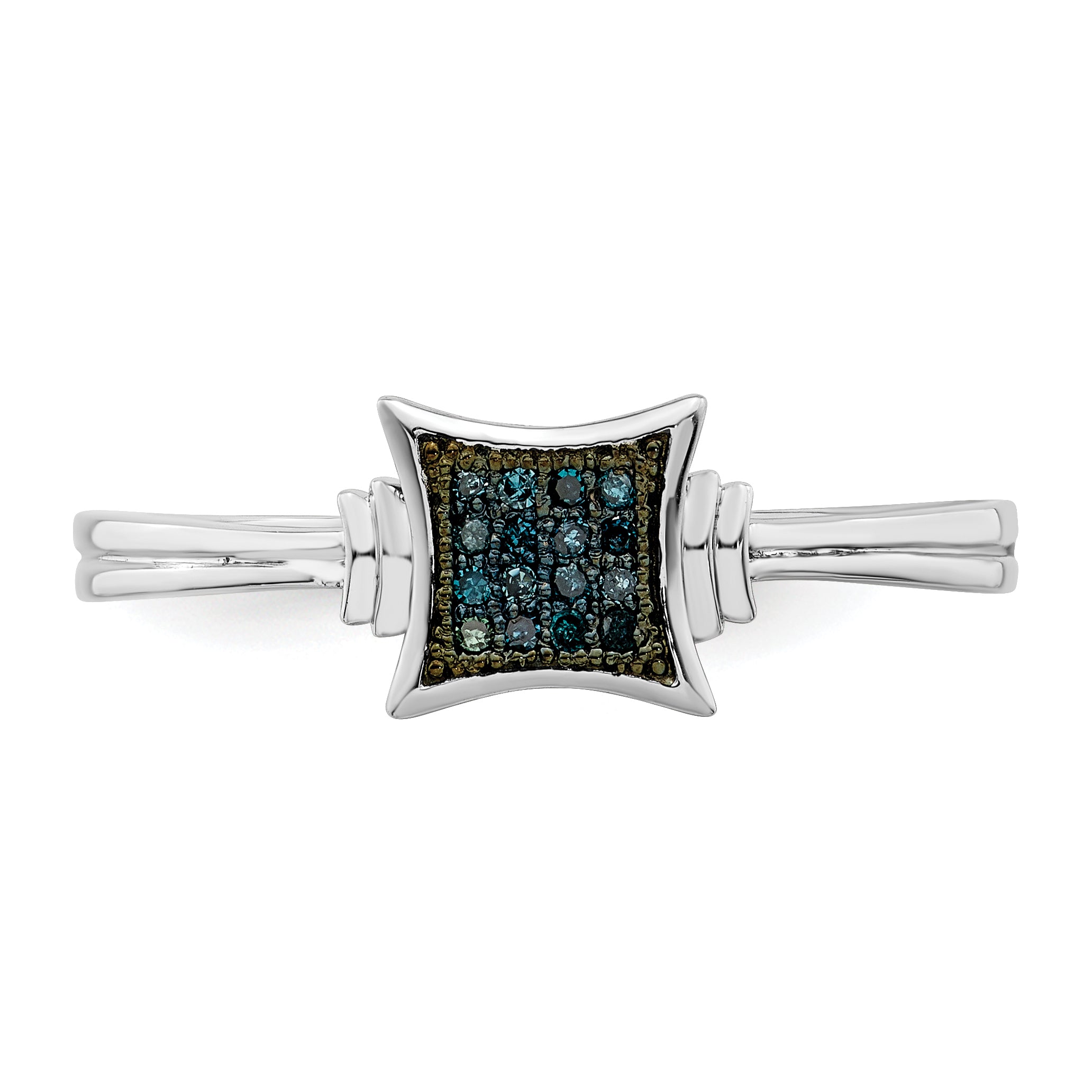 Sterling Silver White Night Rhodium Plated Blue Diamonds Square Ring (Size 7 Only)