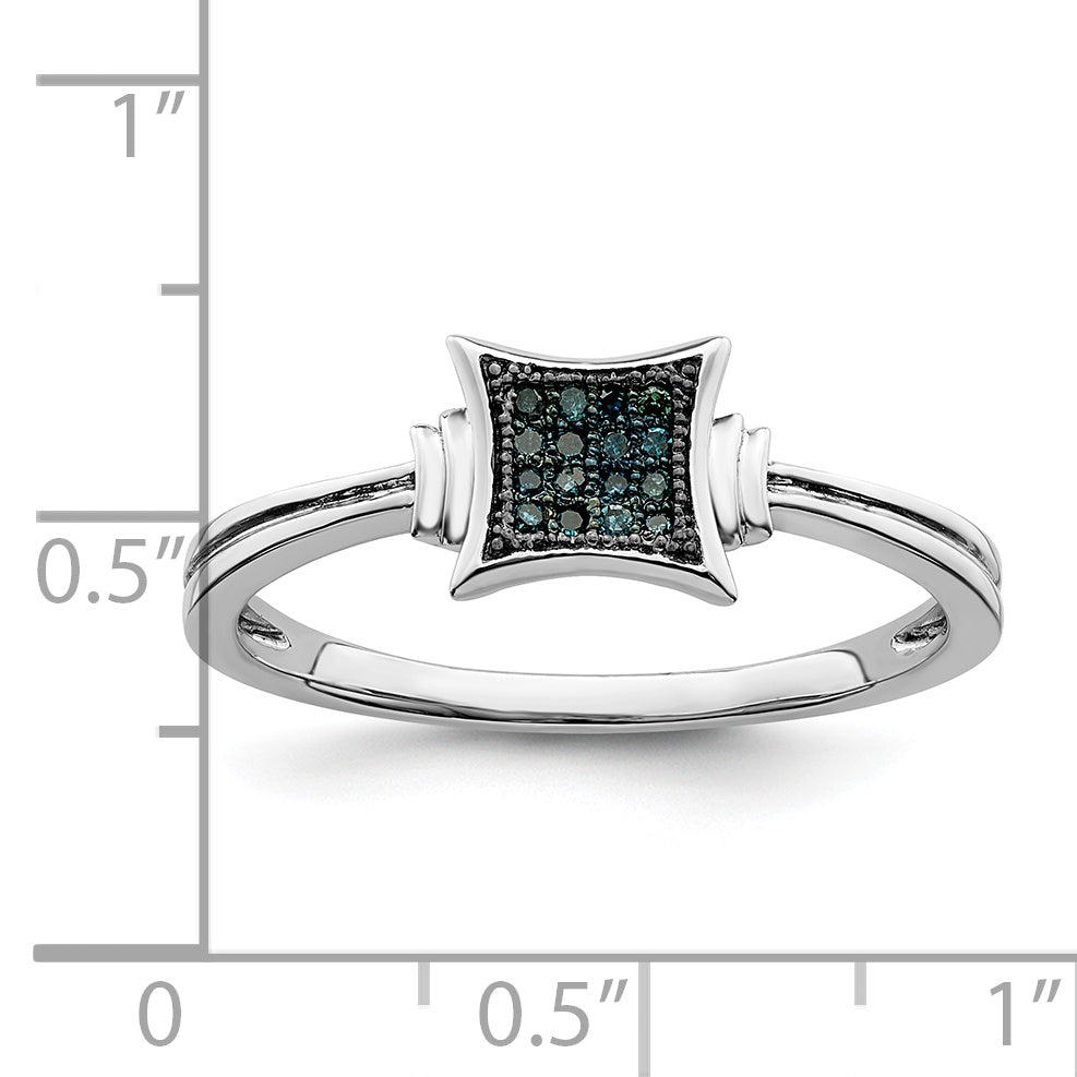 Sterling Silver White Night Rhodium Plated Blue Diamonds Square Ring (Size 7 Only)