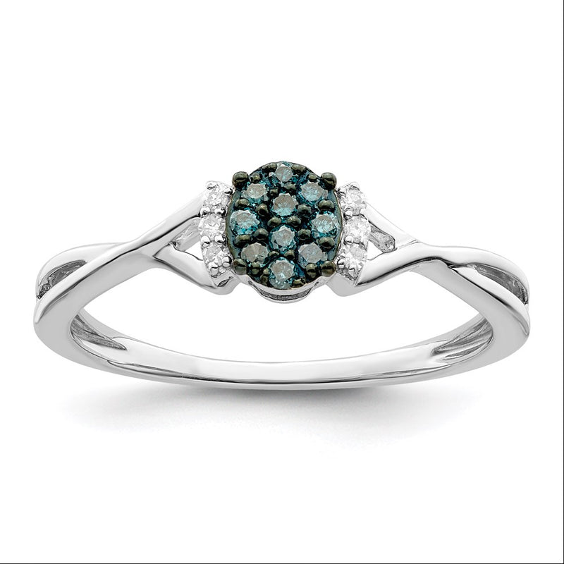 Sterling Silver White Night Rhodium Plated Blue And Diamond Oval Ring