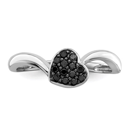 Sterling Silver White Night Rhodium Plated Black Diamond Heart Ring