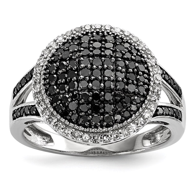 Sterling Silver White Night Rhodium Plated Black And Diamond Round Ring