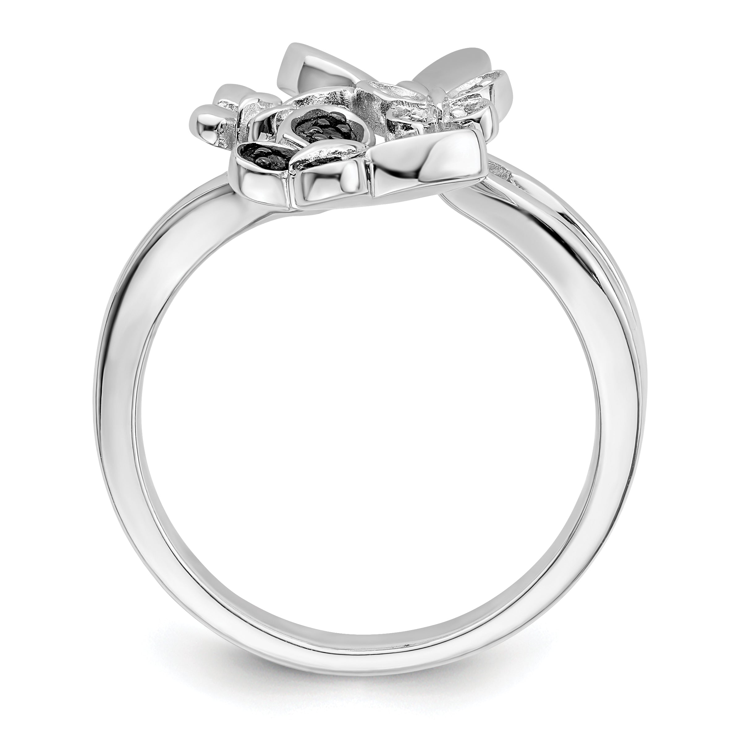 Sterling Silver White Night Rhodium Plated And Black Diamond Butterfly Ring