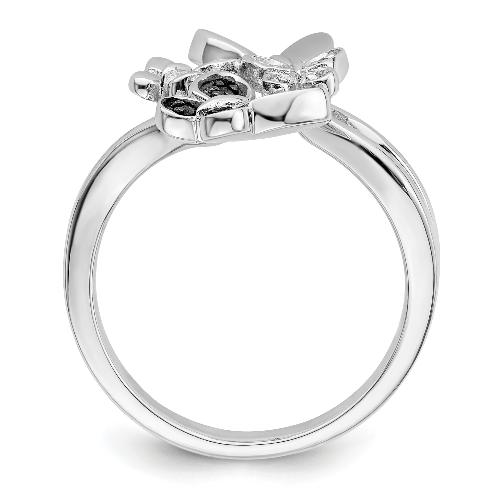Sterling Silver White Night Rhodium Plated And Black Diamond Butterfly Ring