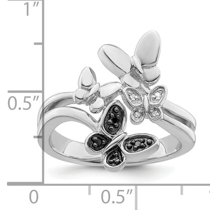 Sterling Silver White Night Rhodium Plated And Black Diamond Butterfly Ring