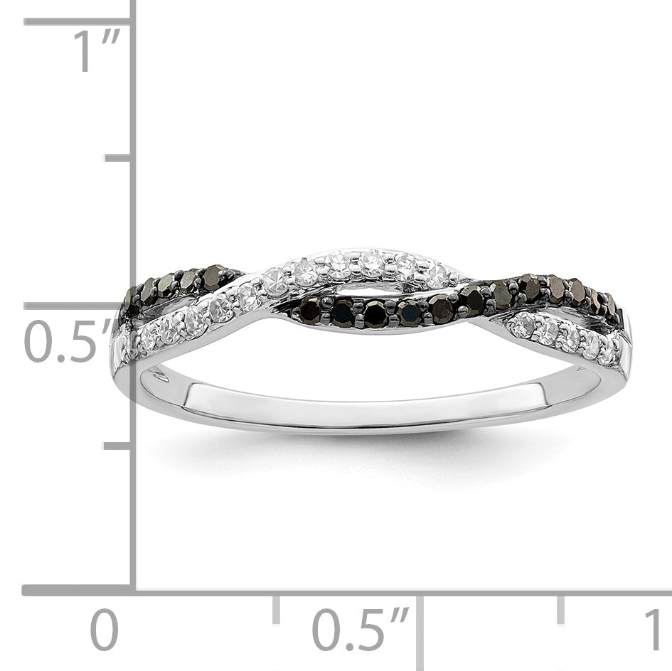 Sterling Silver White Night Rhodium Plated Black And Criss Cross Diamond Ring