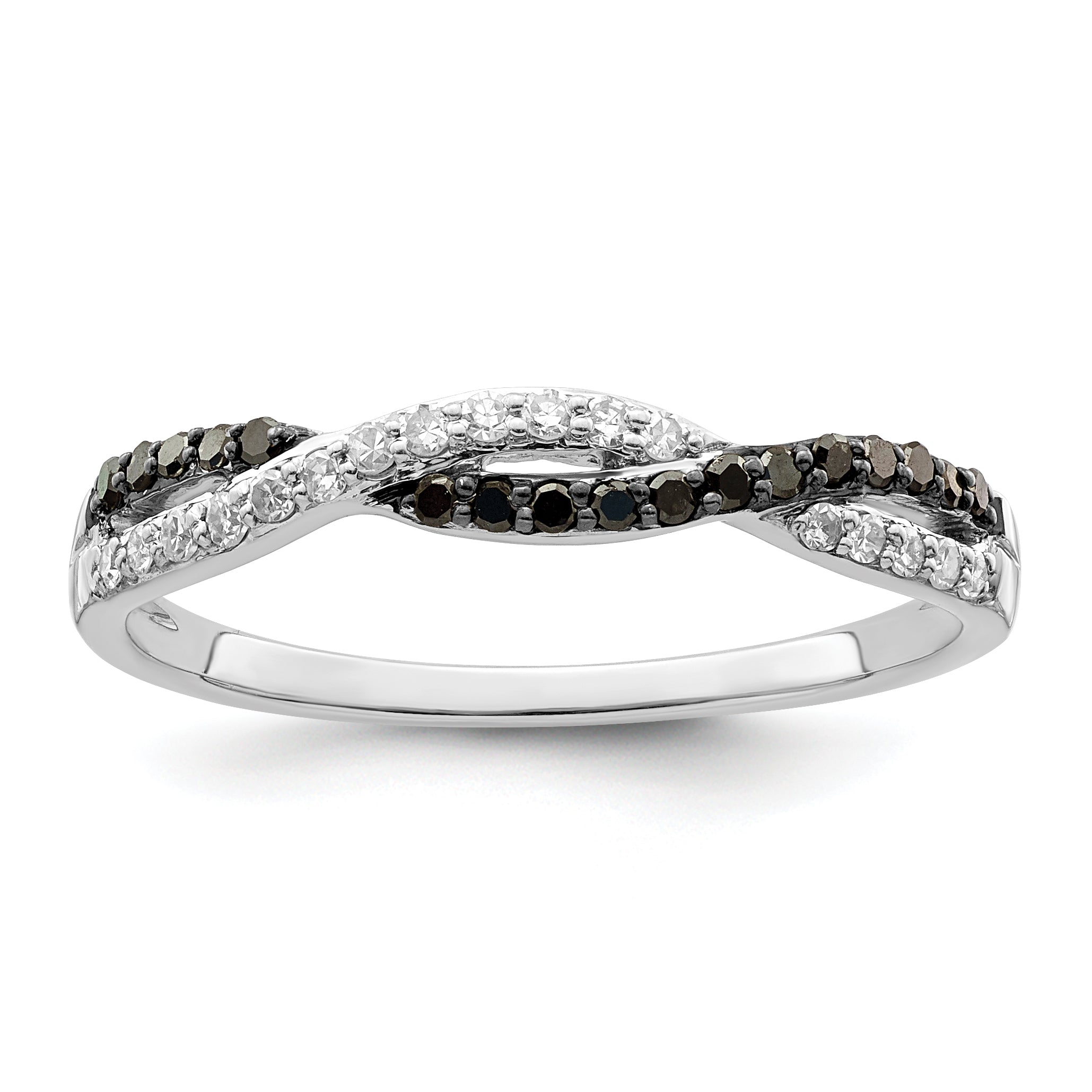 Sterling Silver White Night Rhodium Plated Black And Criss Cross Diamond Ring
