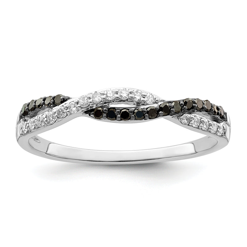 Sterling Silver White Night Rhodium Plated Black And Criss Cross Diamond Ring