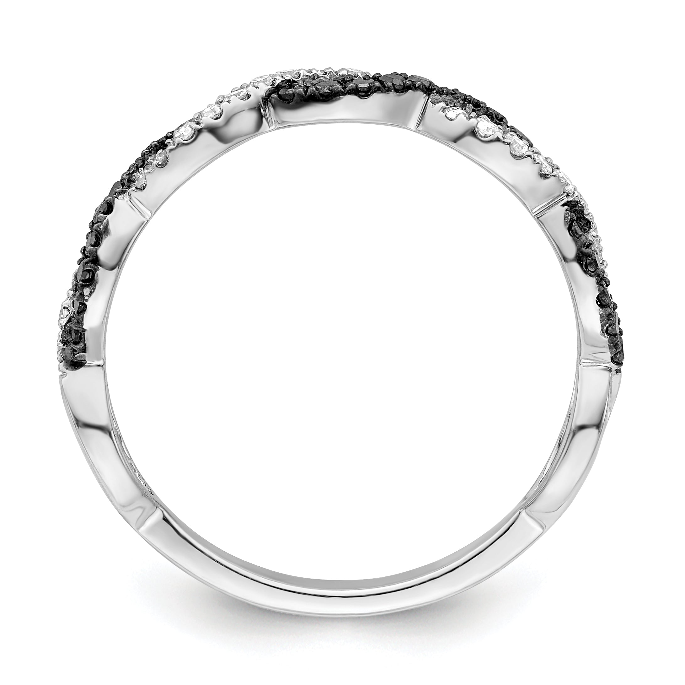 Sterling Silver White Night Rhodium Plated Black And Criss Cross Diamond Ring