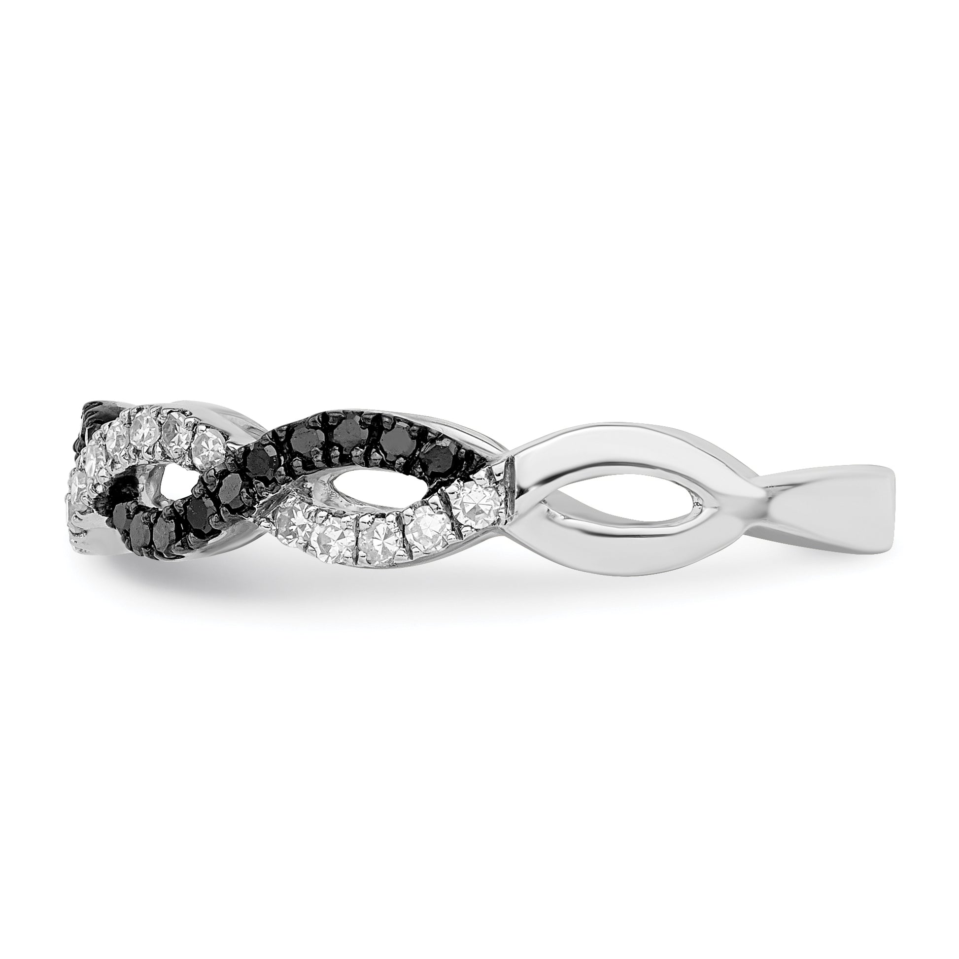Sterling Silver White Night Rhodium Plated Black And Criss Cross Diamond Ring