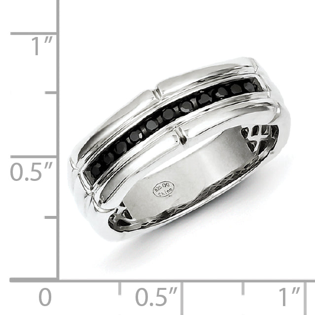 Sterling Silver White Night Rhodium Plated Black Diamond Men'S Ring