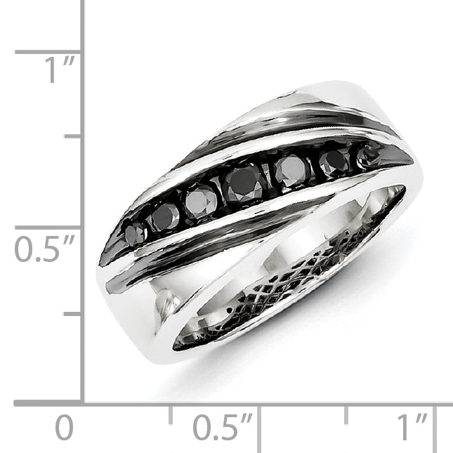 Sterling Silver White Night Rhodium Plated Black Diamond Men'S Band Ring