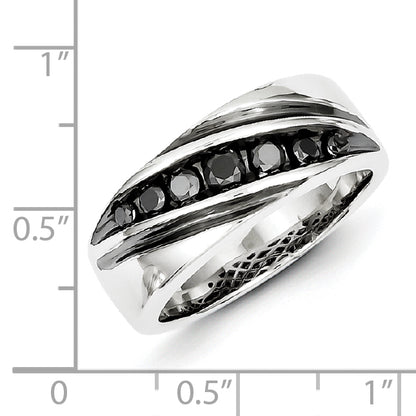 Sterling Silver White Night Rhodium Plated Black Diamond Men'S Band Ring