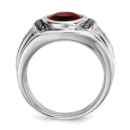Sterling Silver White Night Black Rhodium Plated Garnet And Diamond Oval Men'S Ring