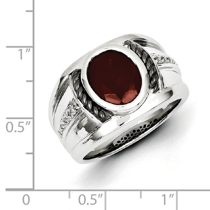 Sterling Silver White Night Black Rhodium Plated Garnet And Diamond Oval Men'S Ring
